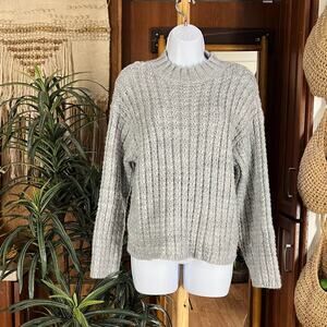 St John's Bay Gray Mock Neck Cable Knit Sweater L Boxy Chunky Slouchy Pullover